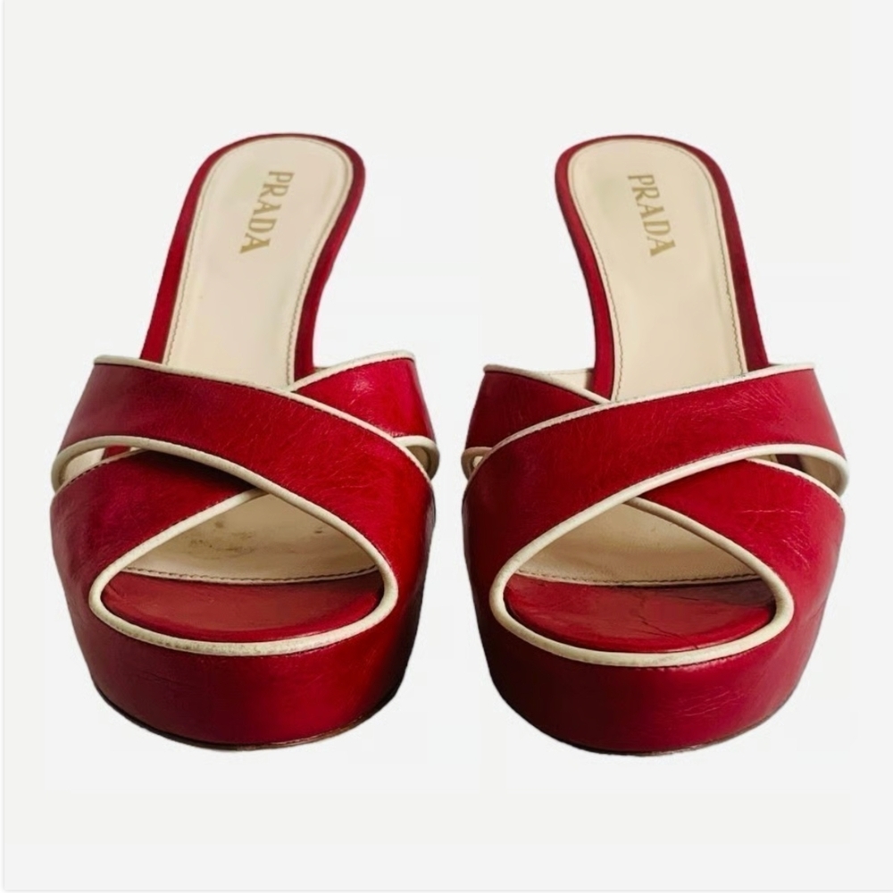Prada Vitello Raspberry Beige Leather Platform Peep Toe High Heel Sandals Sz 36 - Picture 6 of 9
